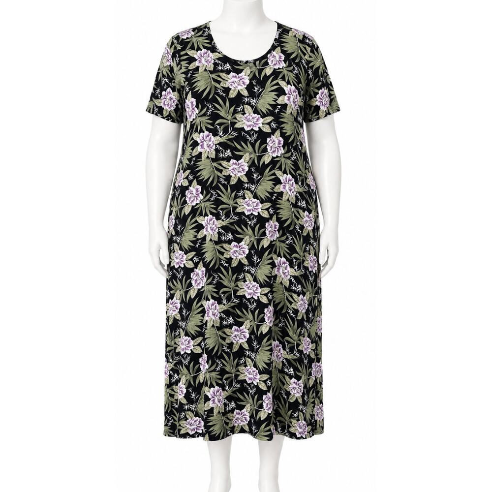 Anna Ocean Maxi Dress Plus 2X Black Green Purple Floral Tropical Hawaiian Island